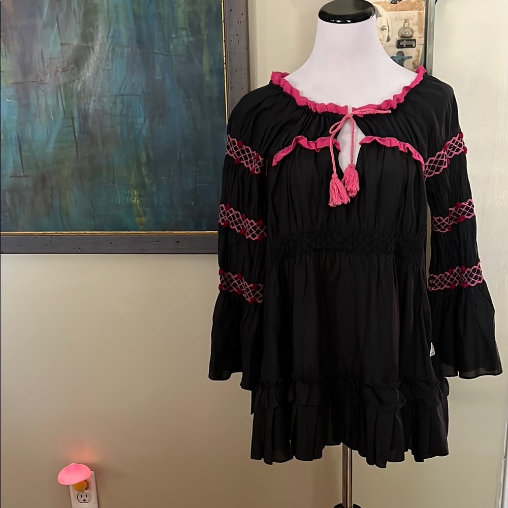 Odd Molly Black and Pink Ruffled Tunic with Bell Sleeves
